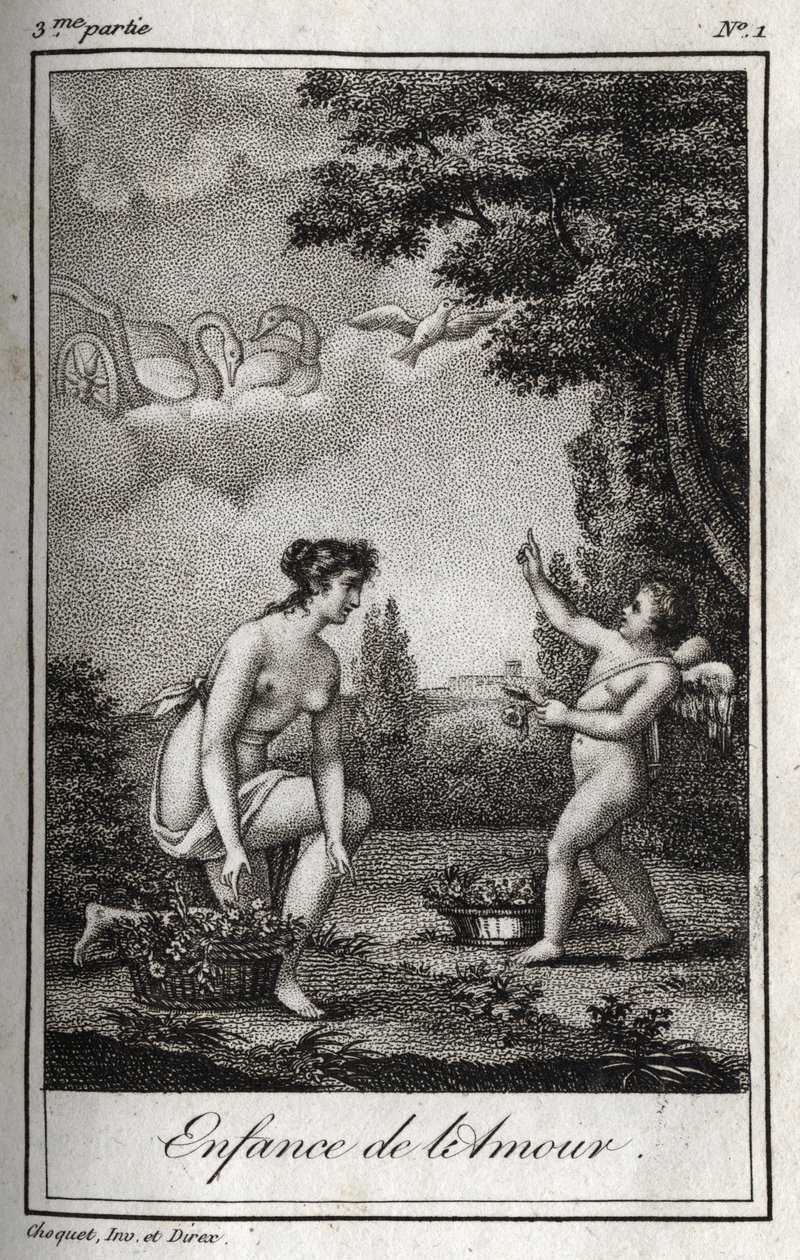 愛の子供時代。Charles Albert Demoustier (1760-1801) の『Lettres a Emilie sur la mythologie』に掲載された1819年のエングレーヴィング。個人蔵。 作： 匿名匿名