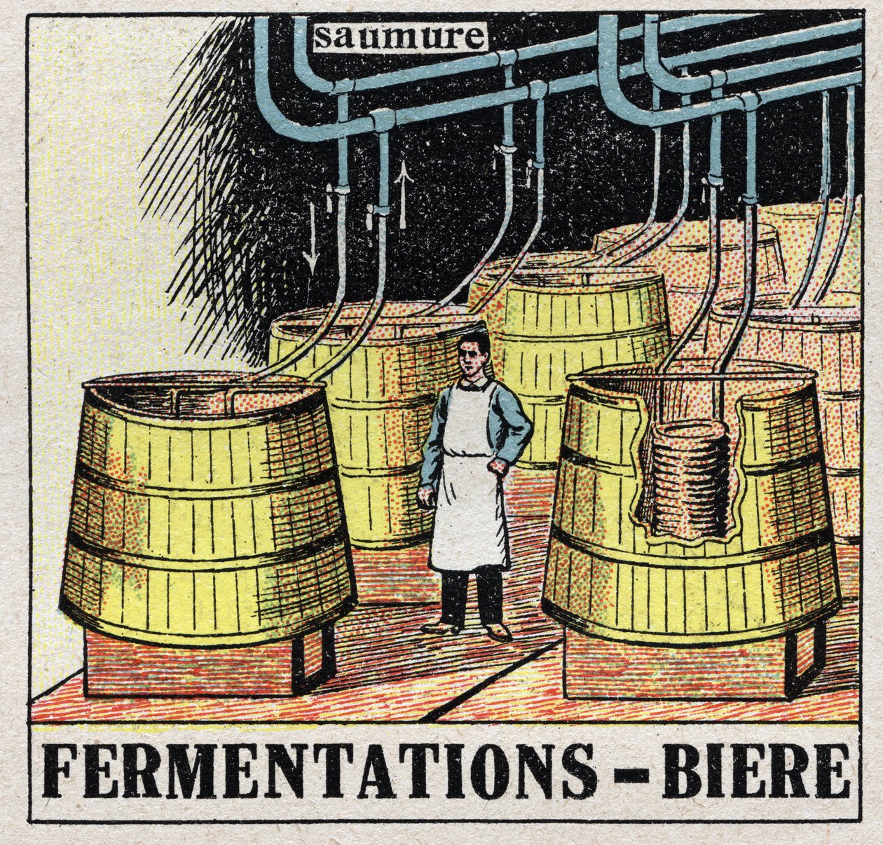 冷たい産業：ビールを製造するためのムート発酵を行う。1925年の匿名のイラスト。個人蔵。 作： 匿名匿名