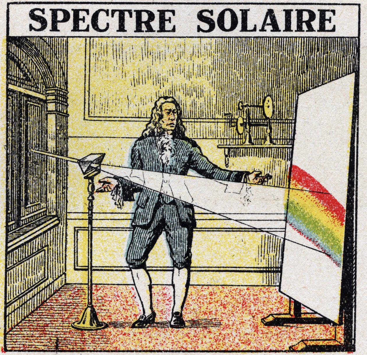 色：アイザック・ニュートン（1642-1727）が研究した太陽スペクトル。1925年の匿名のイラスト。個人蔵。 作： 匿名匿名