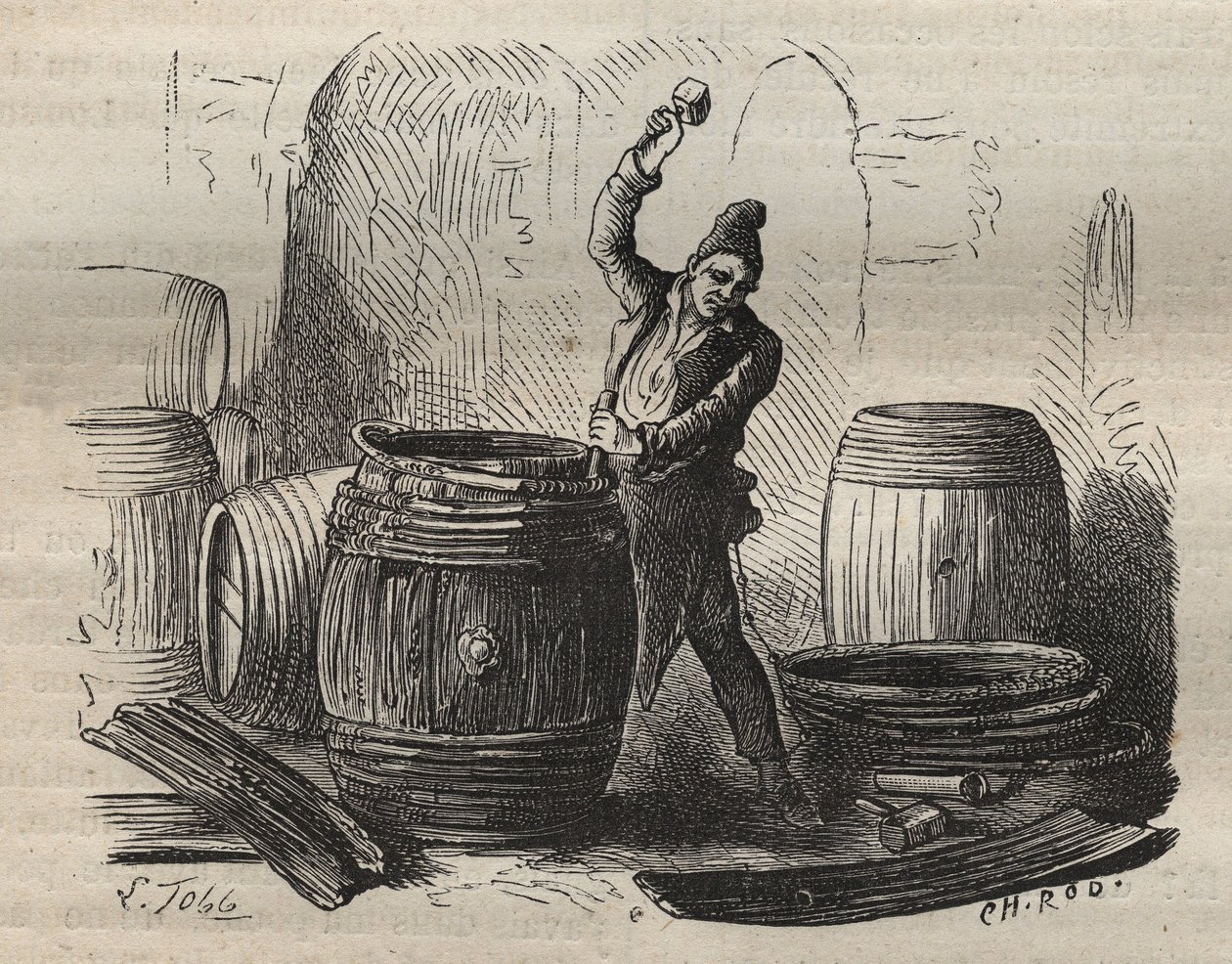 19世紀のトゥーロン・バッグンのクーパー。ピエール・ザッコーネ（1817-1895）の「Histoire des bagnes depuis leur création à nos jours」（1877年）に掲載されている版画（Colonia Penale - Penal colony）。個人蔵。 作： 匿名匿名