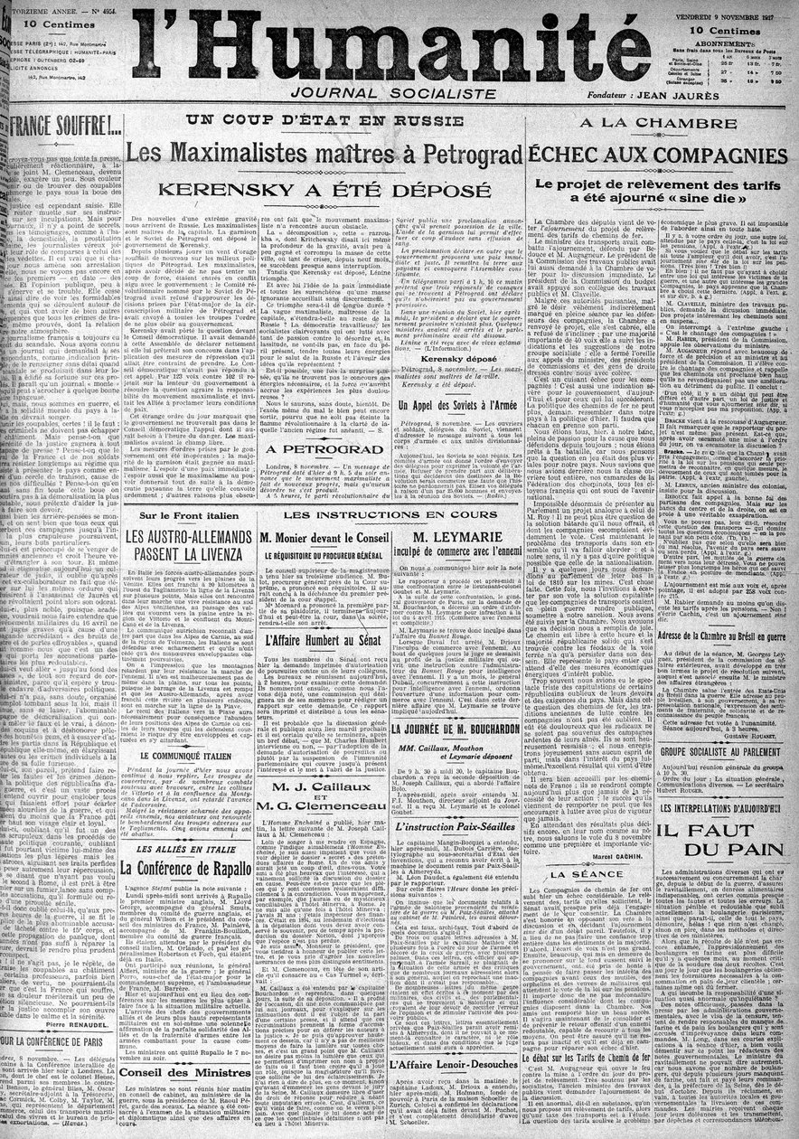 社会主義新聞「ヒューマニティ」の見出しに見るロシアのクーデター。見出し："ペトログラードのマスターズ・マキシマリスト」、「ケレンスキーは預けられた」（ケレンスキー）、「1917年9月11日」。 作： 匿名匿名