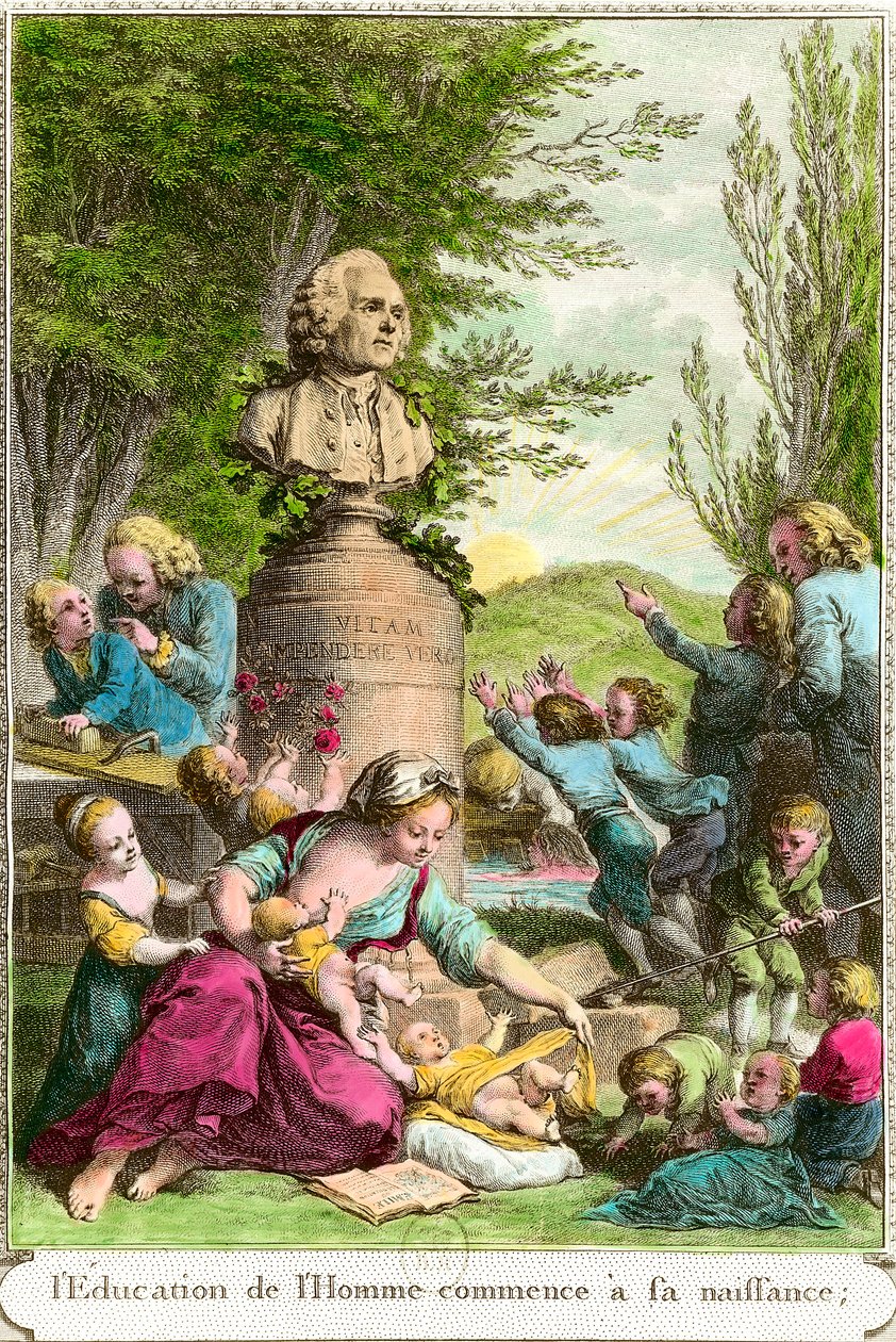 スイスの哲学者ジャン・ジャック・ルソー（1712-1778）を讃える胸像と一緒に、子供を連れた母親たちが描かれています。18世紀のエングレーヴィング 個人蔵 作： 匿名匿名