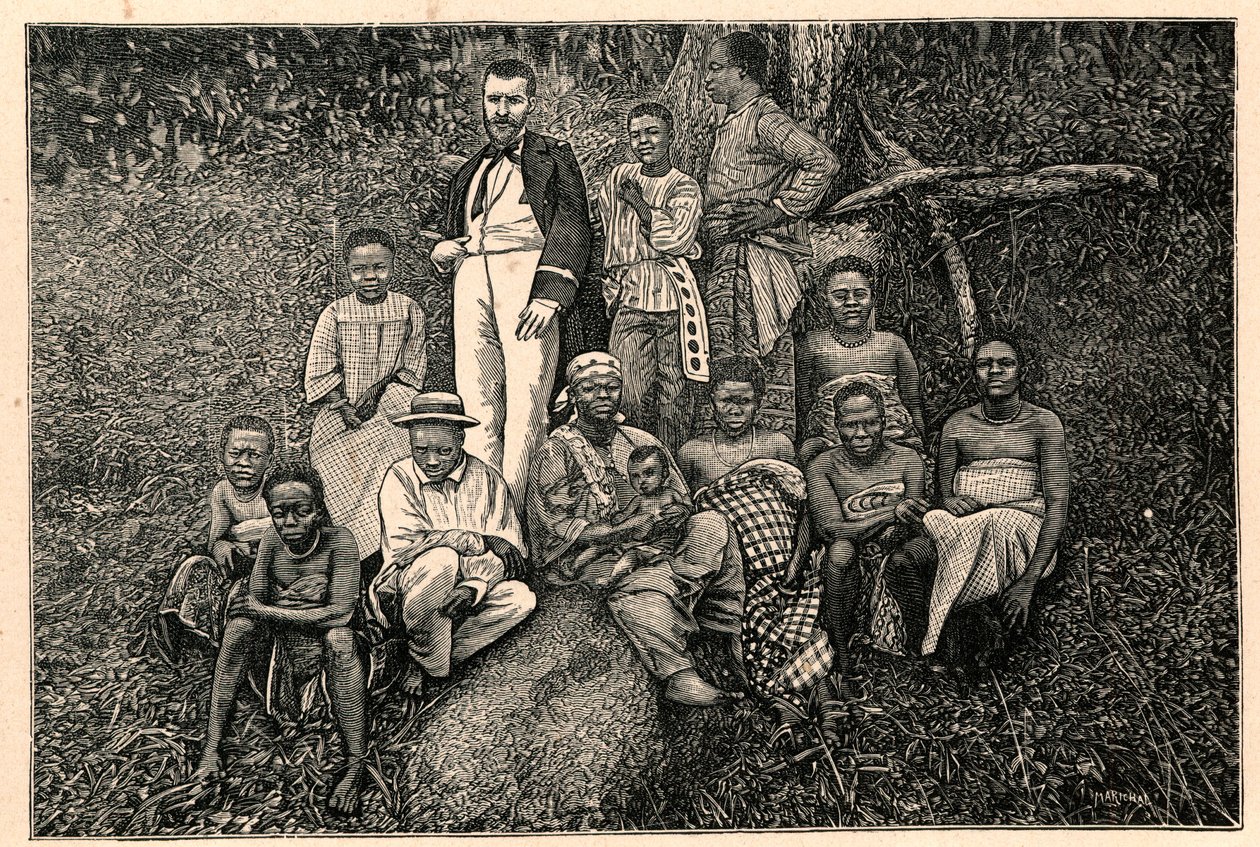 探検家Pierre Savorgnan of Brazza（1852-1905）と、ガボンのApostolic Vicariate of the Two Guineas（2つのギニー）の先住民の一団。Louis-Eugene (Louis Eugene) Louvetの「Les Missions Catholiques au XIXeme Siecle」に掲載されたエングレーヴィング。 pr 作： 匿名匿名