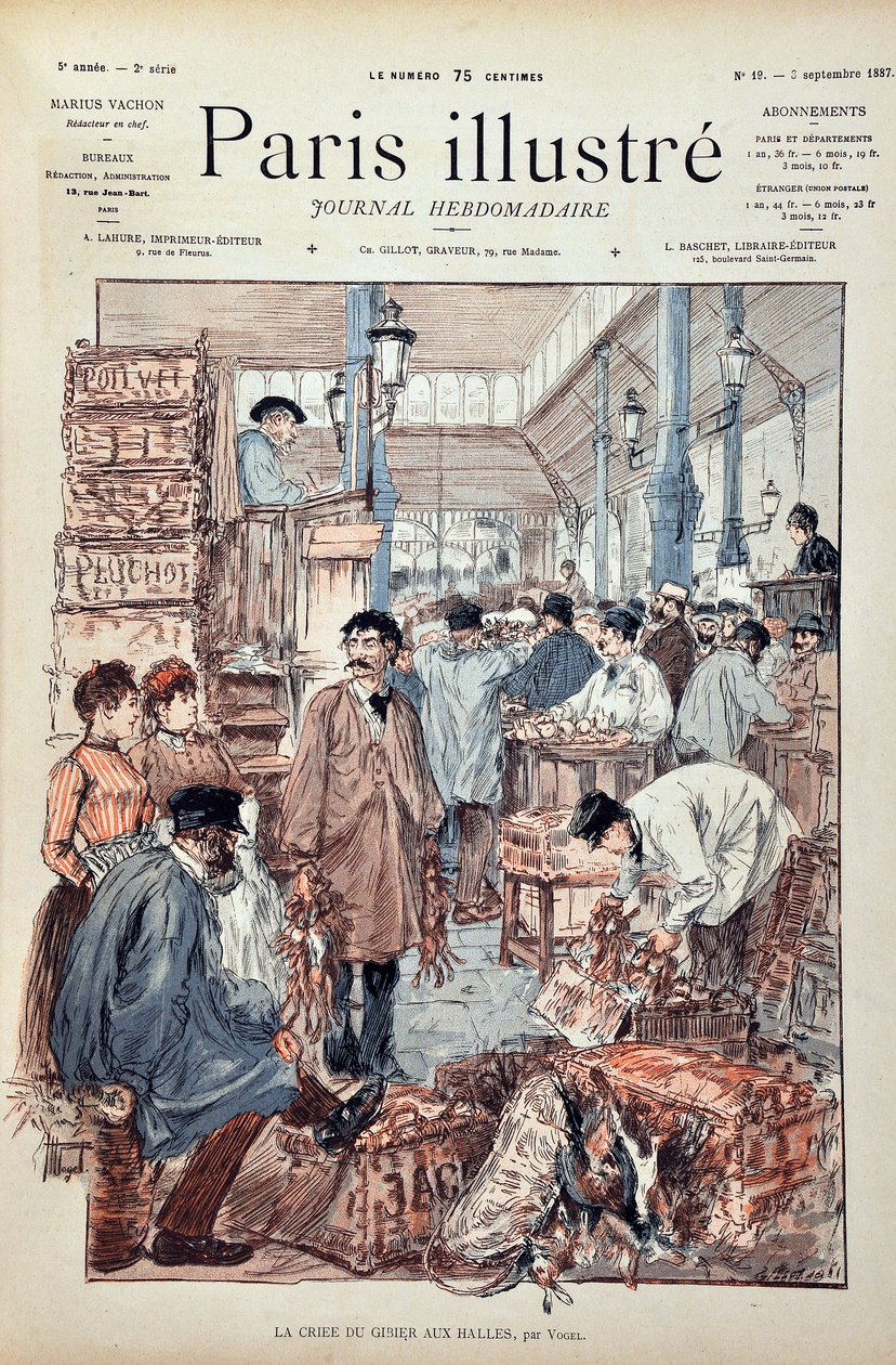 1887年、パリのホールで行われたゲーム・クリエの様子。ヘルマン・フォーゲル（1856-1918）のイラスト。1887年の「週刊パリ・イラストレーション・ジャーナル」に掲載された版画。 作： 匿名匿名