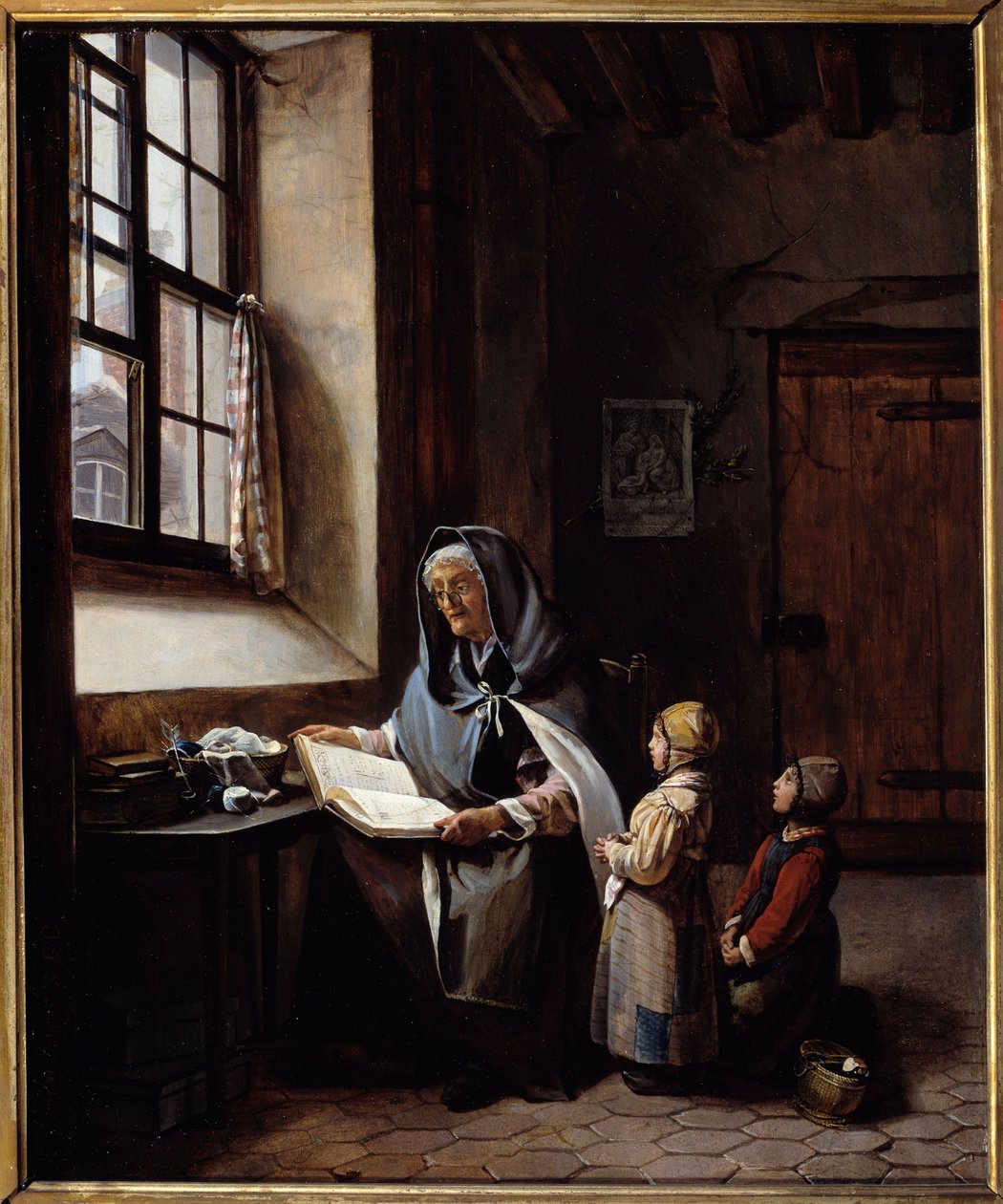 The grandmother 祖母が二人の孫を読んでいる。匿名の絵画。19世紀個人蔵 作： 匿名匿名