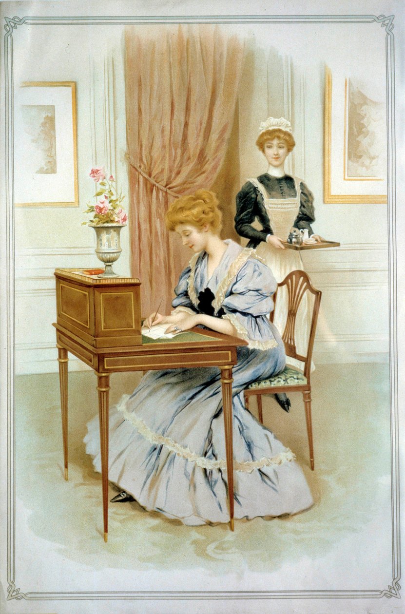 手紙です。机に座って手紙を書く若い女性。19世紀の水彩画。個人蔵