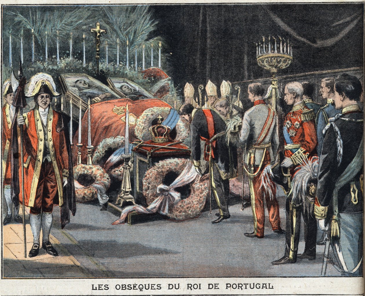 1908年2月1日に暗殺されて亡くなったポルトガル王シャルル1世（1863-1908）のオブラートです。1908年2月23日の新聞 "Le Peute Parisien "に掲載されたエングレーヴィング。個人蔵。 作： 匿名匿名