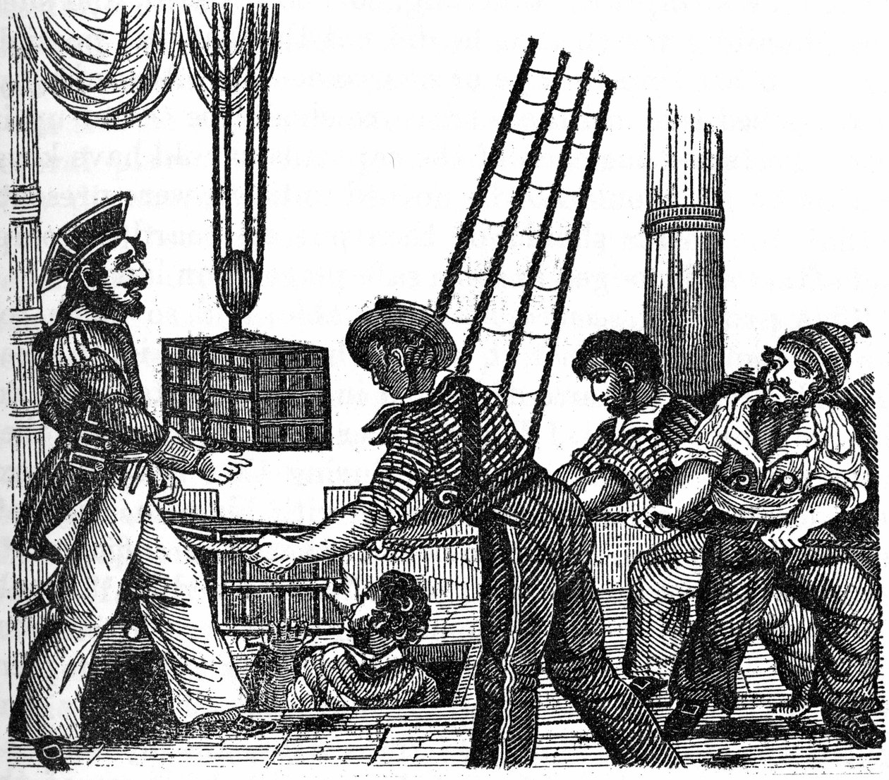 海賊 "ロング・ベン "ジョン・エイブリー（1643年の犯行）は、トレザー（金や石）を3箱船に積み込んだ。1837年の "The pirate own book "のエングレーヴィング。 作： 匿名匿名