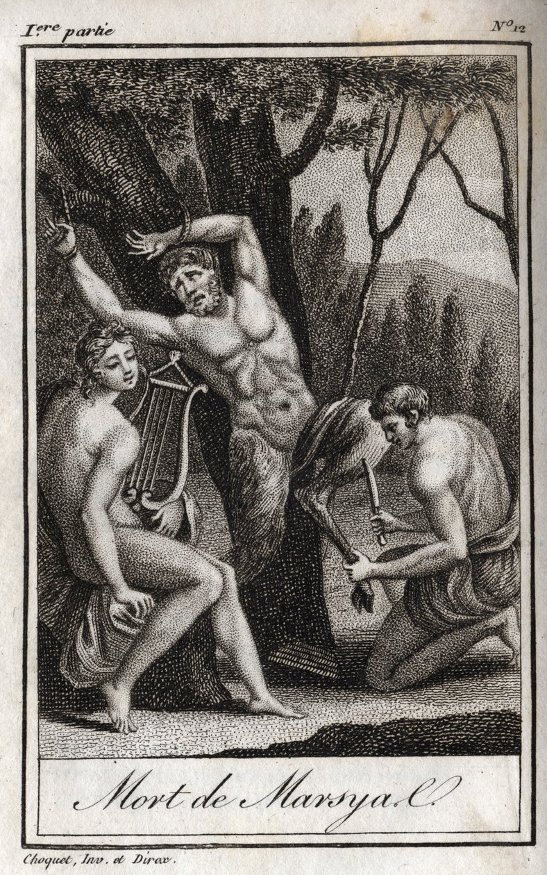 マルシアスの罰または死（The Punishment of Marsyas）は、アポロンに竪琴を逆らったために罰せられ、ミダス王とミューズたちの前でアーチャーに棒で打たれる。シャルル著「Lettres a Emilie sur la mythologie」の1819年のエングレーヴィング。 作： 匿名匿名