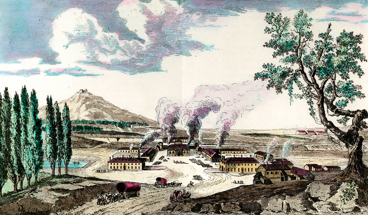 1787年のクルーゾー（ソーヌ川とロワール川）の王室鋳物工場 フランス軍の武装を中心に製造していた。18世紀のエングレーヴィング。個人蔵 作： 匿名匿名