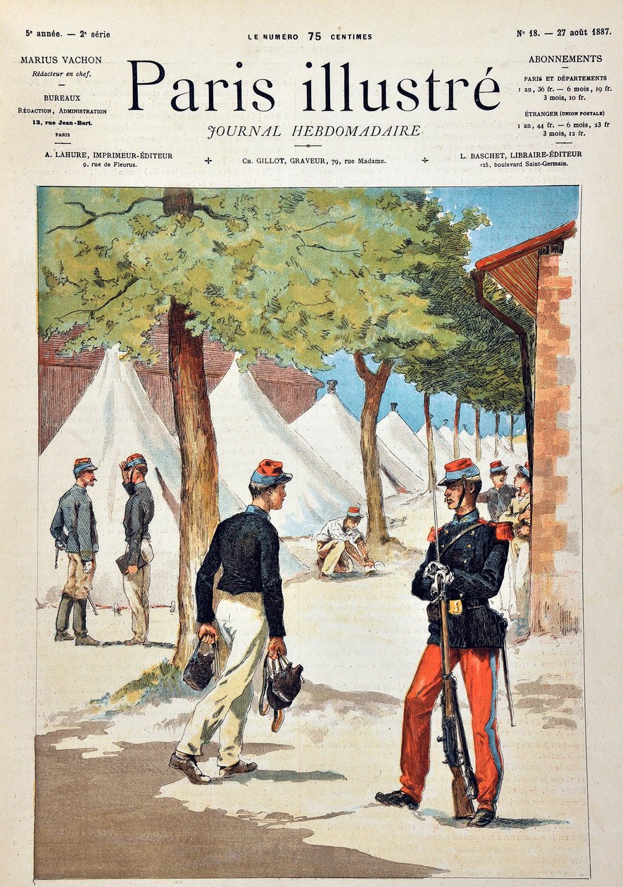 シャロンのキャンプでのサン・シール（Saint Cyr）の学校の生徒たち。Paris-Illustrous journal weekly "に掲載された1887年のエングレーヴィング。 作： 匿名匿名