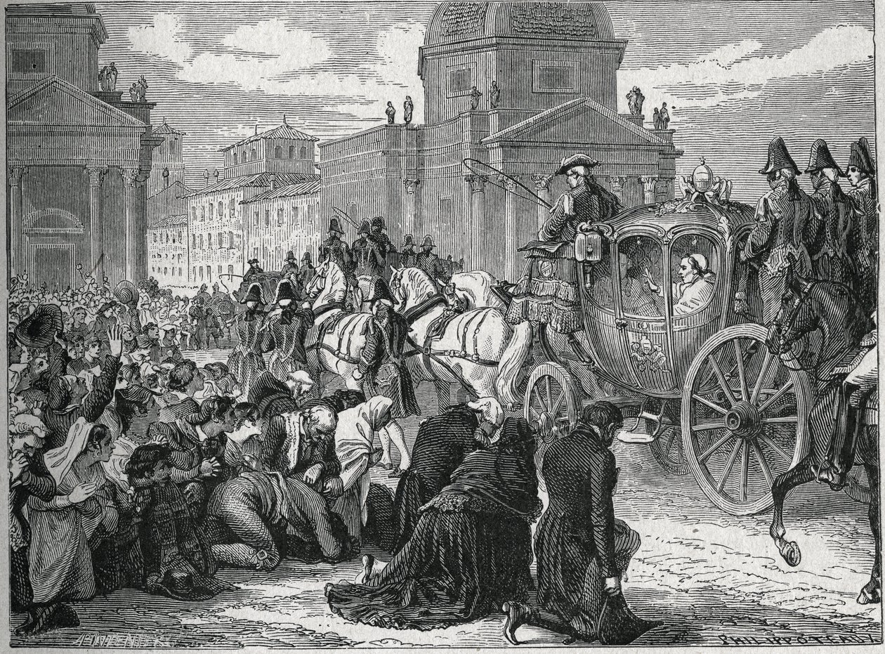 1814年5月24日、ローマ（Roma）での教皇ピウス7世（ピオ）（1742-1823）の凱旋。19世紀のエングレーヴィング。個人蔵。 作： 匿名匿名