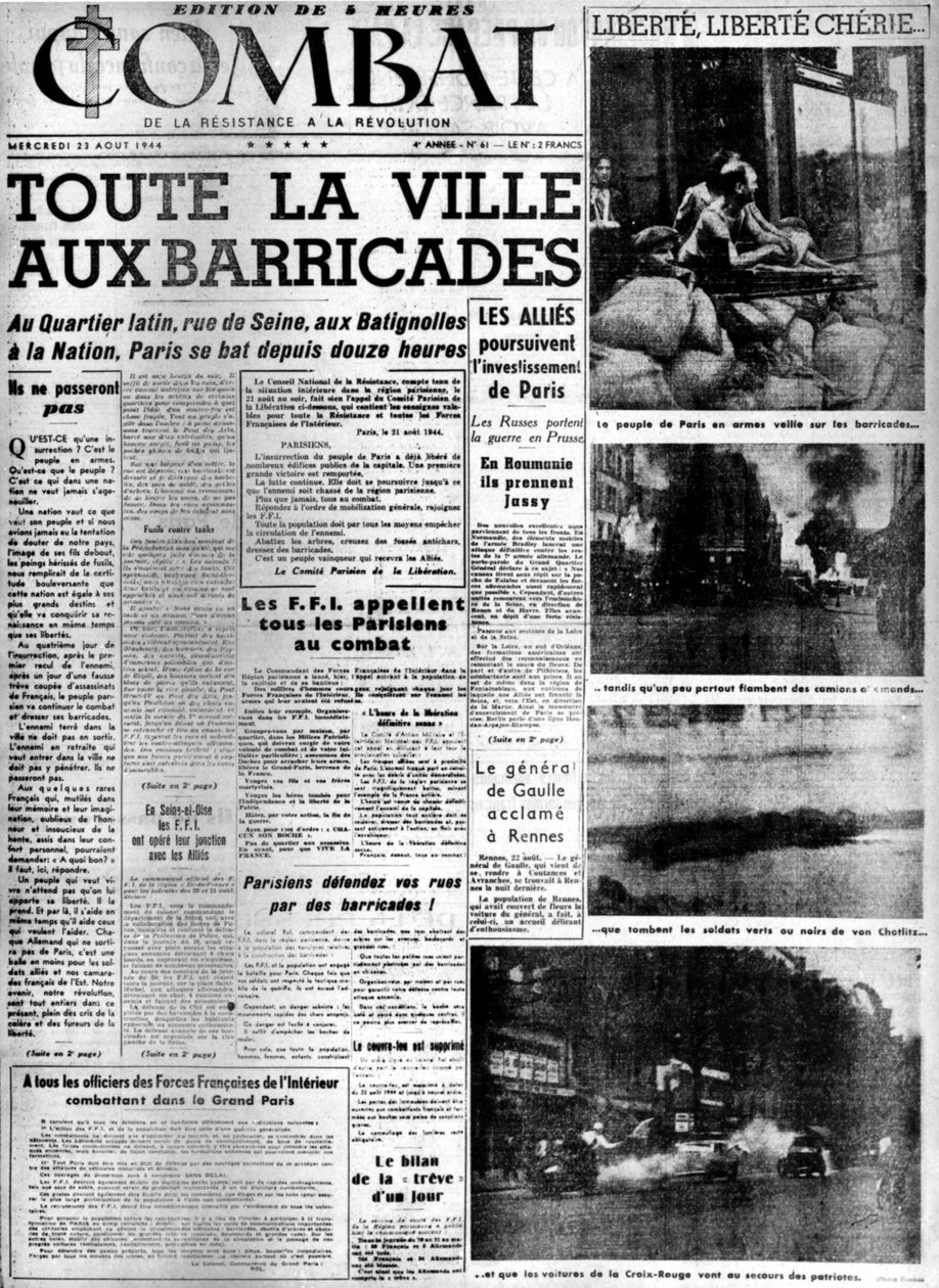 街全体がバリケードに：パリの解放-1944年8月23日付の「コンバット」誌、カラー。MDJベルナール。 作： 匿名匿名