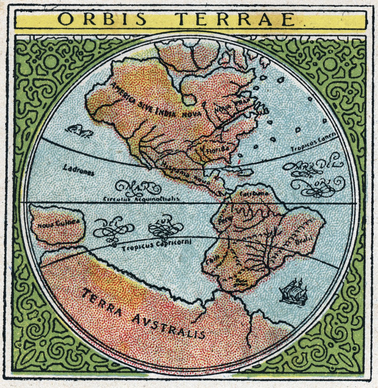 時間：オービス・テラエ（Orbis terrae）。エクアドルと熱帯地方が描かれた地球儀。1925年の匿名のイラスト。個人蔵。 作： 匿名匿名