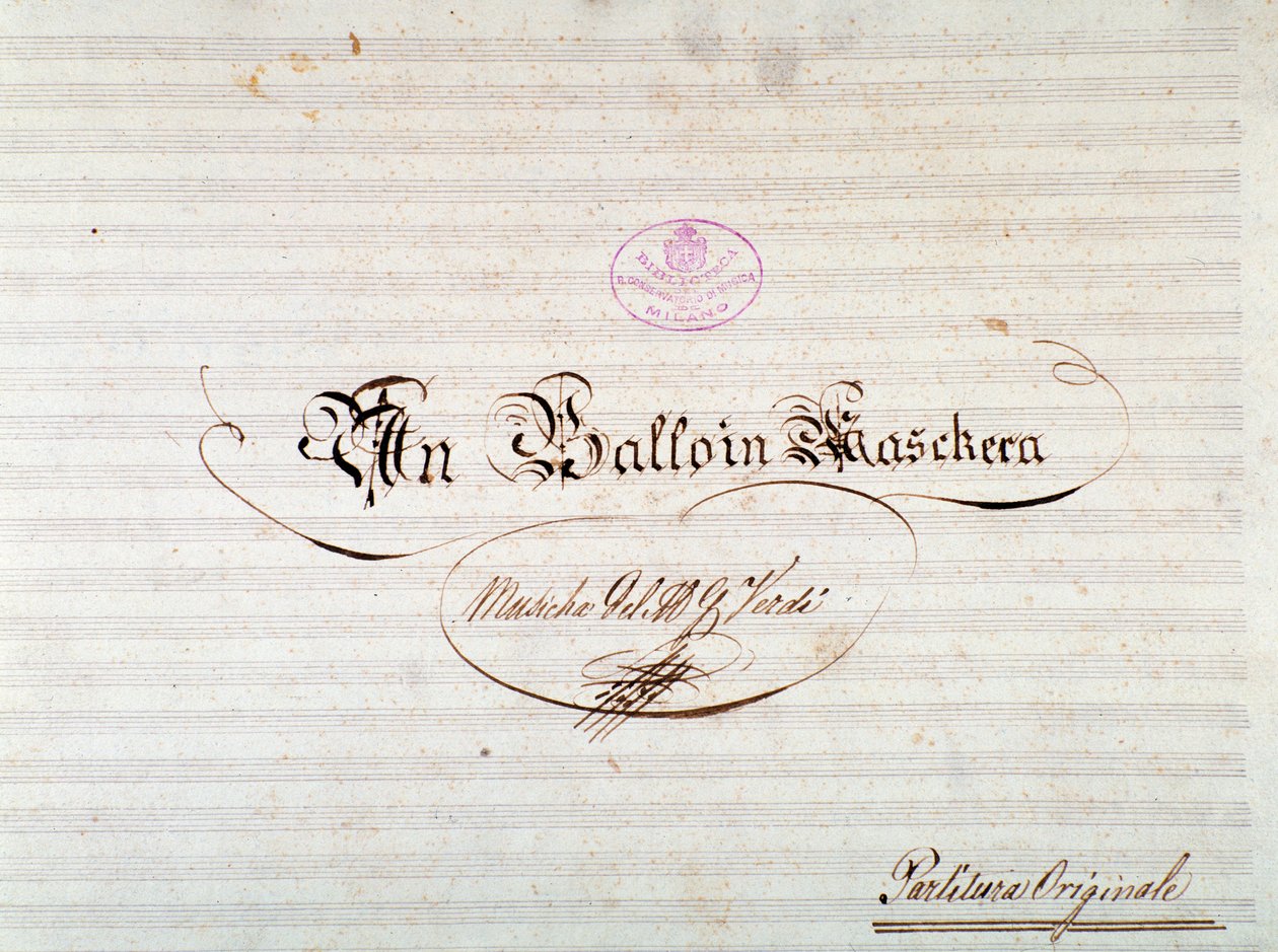 ジュゼッペ・ヴェルディのオペラ『Un ballo in maschera』の初版譜面のタイトルページ。 作： 匿名匿名