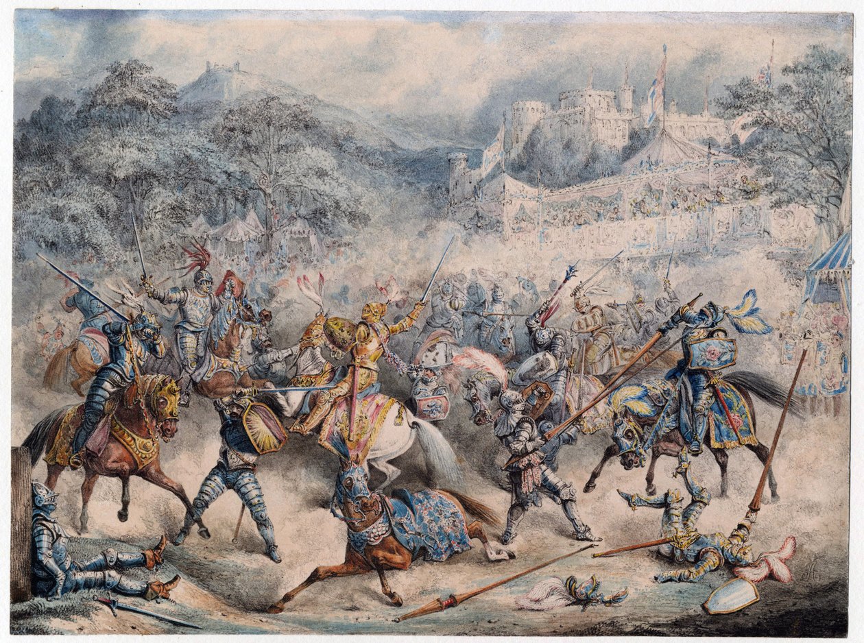 Tournoi (Moyen age) - Tournament of mounted knights - Anonymous - 1840 - Colour lithograph - 20,3x30,5 - Private Collection 作： 匿名匿名