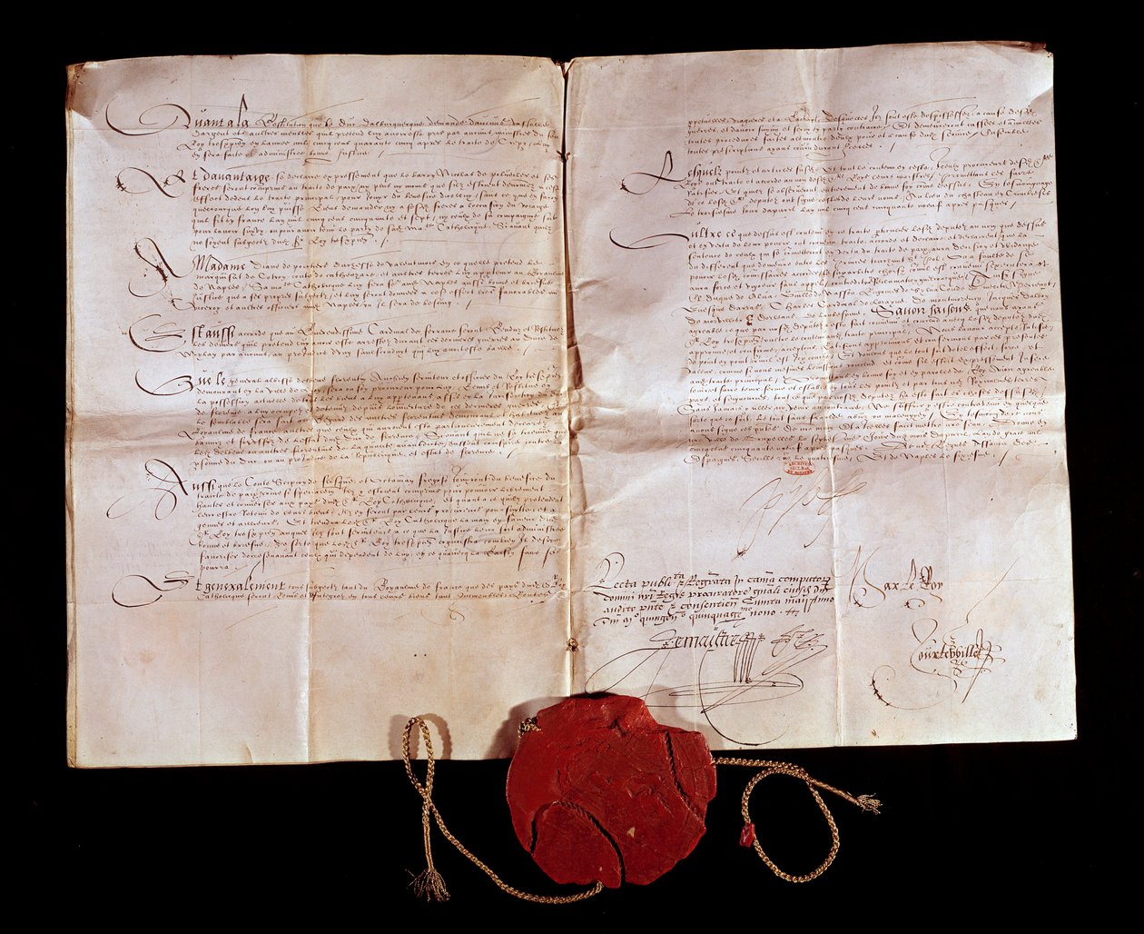 1559年3月4日、ヘンリー2世（1519-1589）とスペインのフィリップ2世の間でカトー・カンブレシス（Cateau-Cambresis）条約が締結される。フランスはイタリア領をスペインに返還する。この貿易によってイタリア戦争は終結した。パリ、国立公文書館 作： 匿名匿名