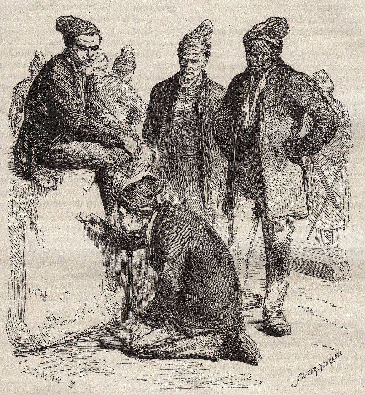 19世紀のブレストのバッグンのギャラリーの種類。ピエール・ザッコーネ（1817-1895）の「Histoire des bagnes depuis leur création à nos jours」（1877年）に掲載されたエングレーヴィング（Colonia Penale - Penal colony）。個人蔵。 作： 匿名匿名