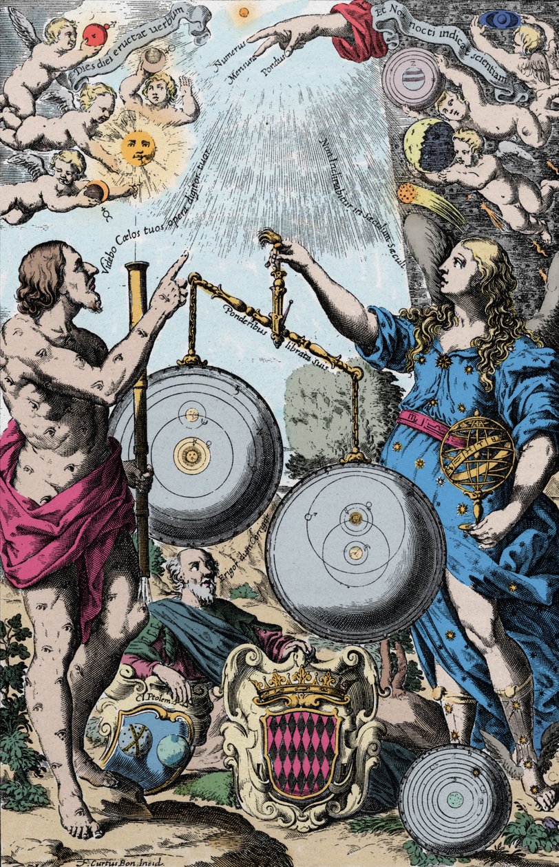 Urania, die Muse der Astronomie, dargestellt vor Argus, hält ein Teleskop. Sie wiegen und vergleichen das System von Kopernikus (links) und das von Jesuit Giovanni Riccioli, inspiriert von Tycho Brahe (der die geozentrischen Visionen von Ptolemäus und Kope von Anonymous Anonymous