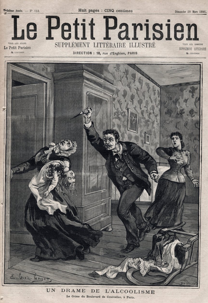 様々な事実：アルコール依存症のドラマ - Le crime du Boulevard de Courcelles - Engraving in "Le petit Parisien" from 1891 - Collection privee 作： 匿名匿名