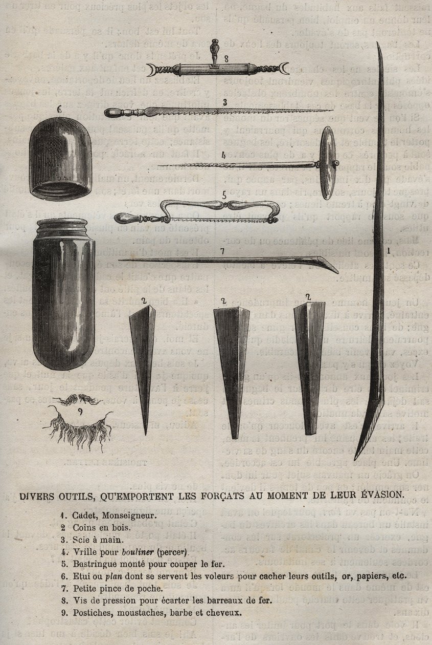 フォルカが逃げるときに持っている様々な道具。ピエール・ザッコーネ（1817-1895）の『Histoire des bagnes depuis leur création à nos jours』（1877年）に掲載されている版画（コロニア・ペナーレ：流刑地）。 作： 匿名匿名