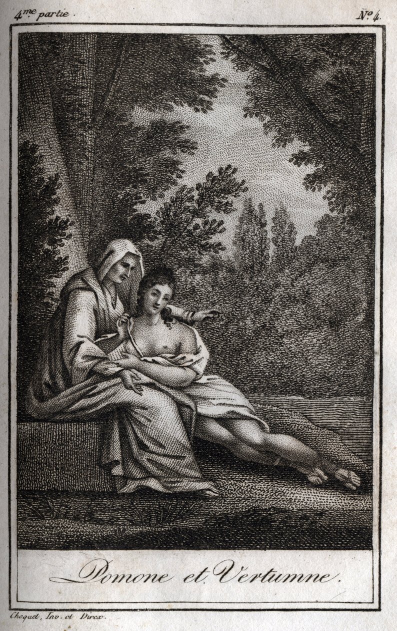 Vertumnus und Pomona (Jupiter und Ceres): Vertumnus, verliebt in die Nymphe Pomona, verkleidet sich als alte Frau, um sich ihr zu nähern. Gravur von 1819 in „Lettres à Emilie sur la mythologie“ von Charles Albert Demoustier (1760-1801). Private Sammlung von Anonymous Anonymous