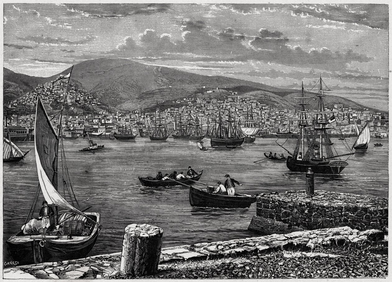 ギリシャのSyra島の眺め。Louis-Eugene (Louis Eugene) Louvetによる「Les Missions Catholiques au XIXeme Siecle」に掲載された版画。 作： 匿名匿名