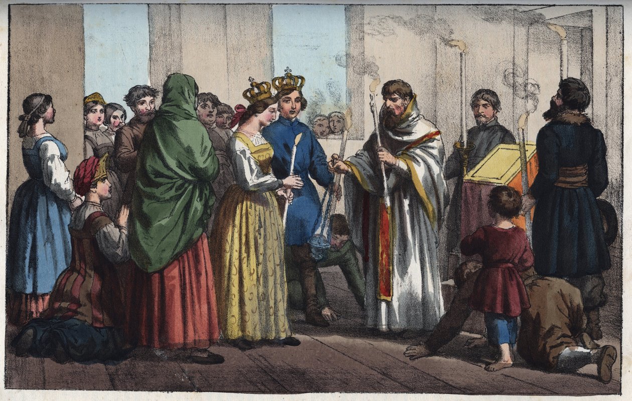18世紀のロシアでの結婚式-「宇宙の諸国民の習慣と風習」の版画。Or History of the government, laws, militia, religious of all nations from the remotest times to the present day" 1856年 作： 匿名匿名
