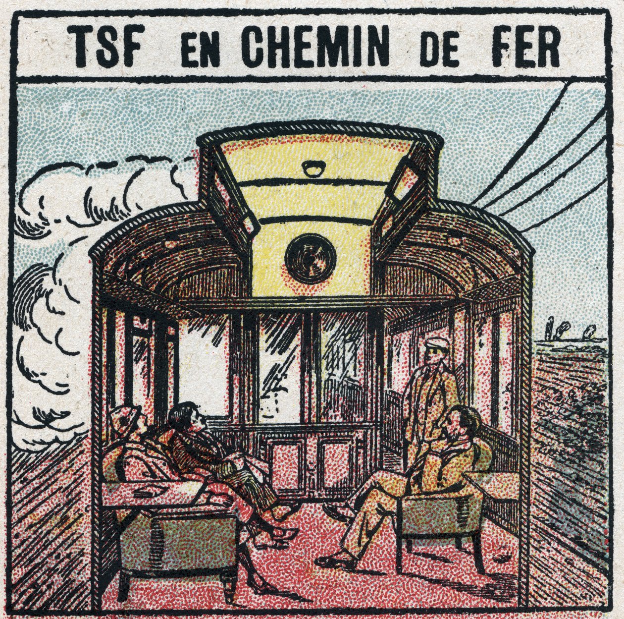 無線電話：鉄道貨車の中のT.S.F.1925年の匿名のイラスト。個人蔵。 作： 匿名匿名