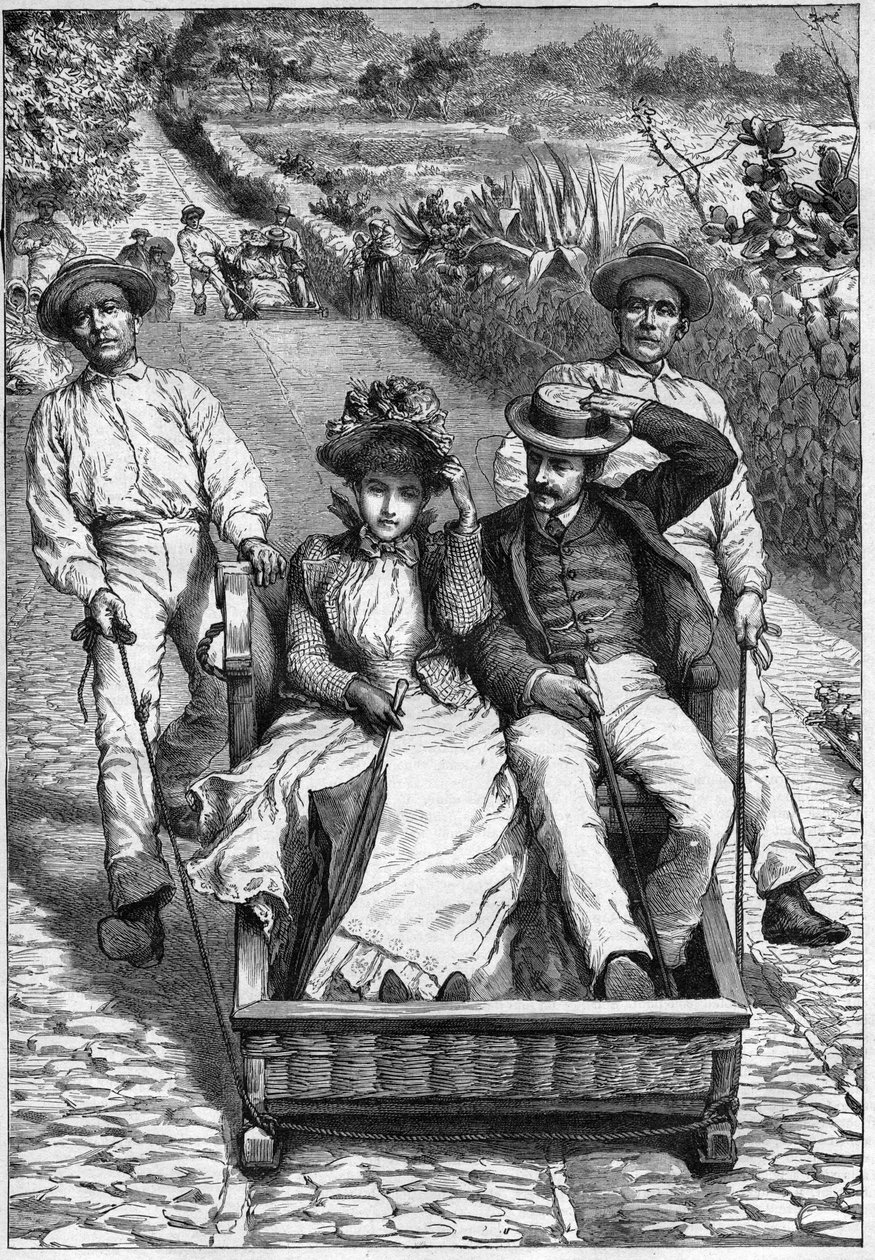 carros de cesto in Madeira 1893 - Les corinhos (carrieros) a Madere (Madeira) - hommes guiding a seat in two places on roulette (un corinho). エングレーヴィング in "Journal des voyages" 1893 作： 匿名匿名