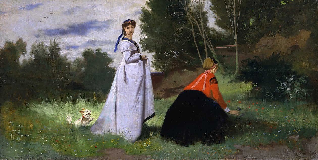 1867年の風景の中の2人の女性。 作： アンゼルム・フォイエルバッハ