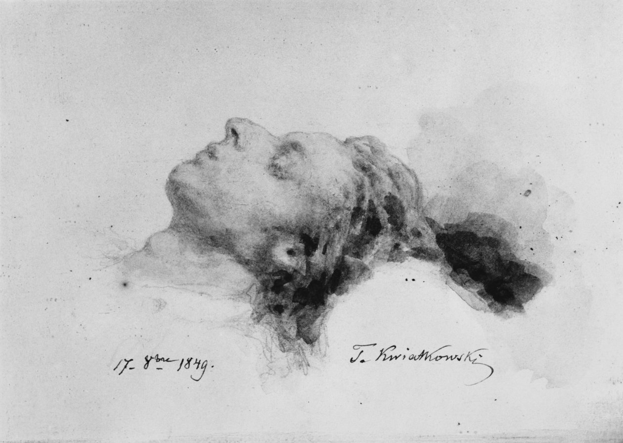 1849年10月17日、死の床に立つフレデリックショパン（紙に鉛筆とガッシュ） 作： アンタル・テオフィル・クフィアトフスキ