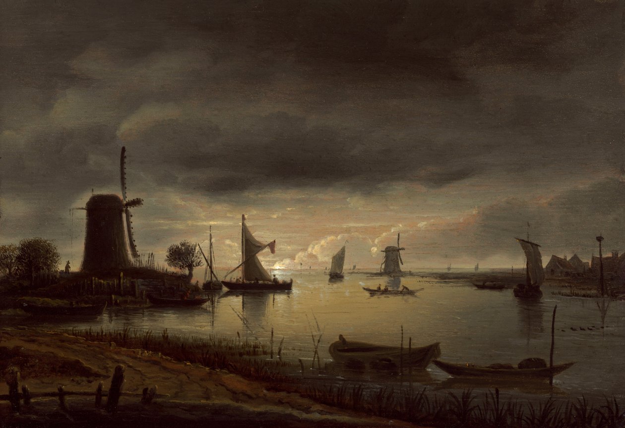 風車とボートのある川の風景、夕方、c。 1645年。 作： アントニー・ファン・ボルソム