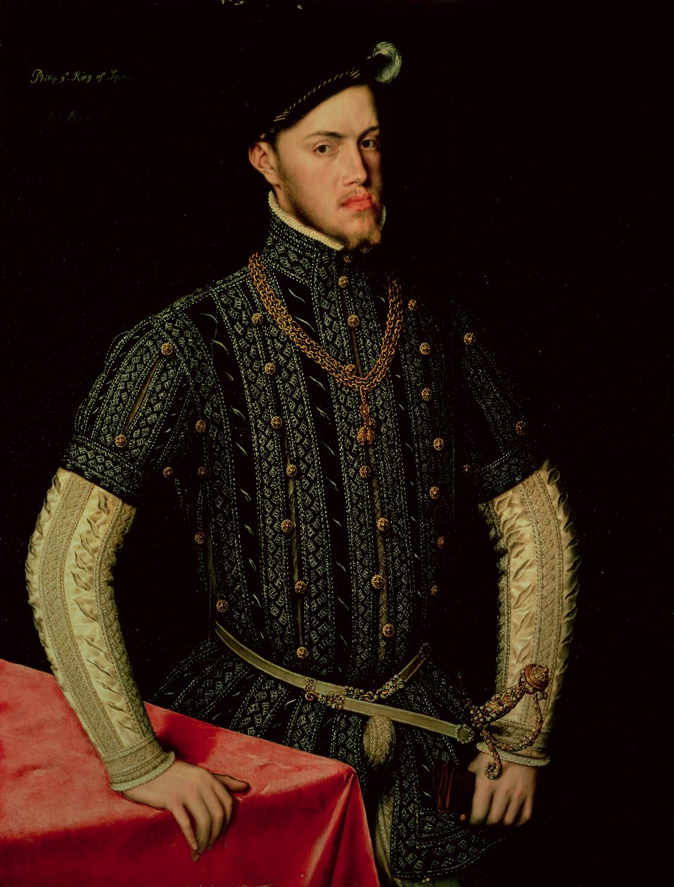 スペインのフィリップ2世王、1549-55（パネル） 作： アントニス・ファン・ダショースト・モル