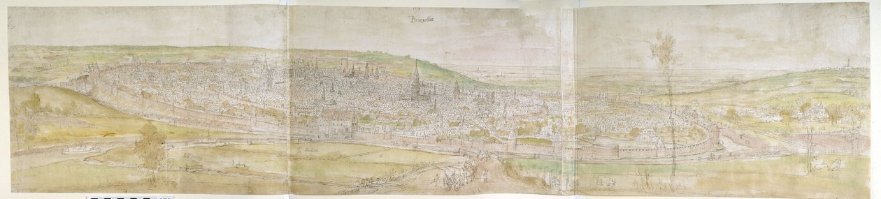 北からのブリュッセルのパノラマビュー、1558（ペンと茶色のインク、水彩画と黒いチョークの跡） 作： アントニス・ファン・デン・ウィンガーデ