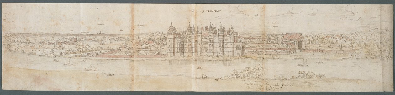 テムズ川を渡ったリッチモンド宮殿、1562年（紙にペン、インク、トイレ） 作： アントニス・ファン・デン・ウィンガーデ