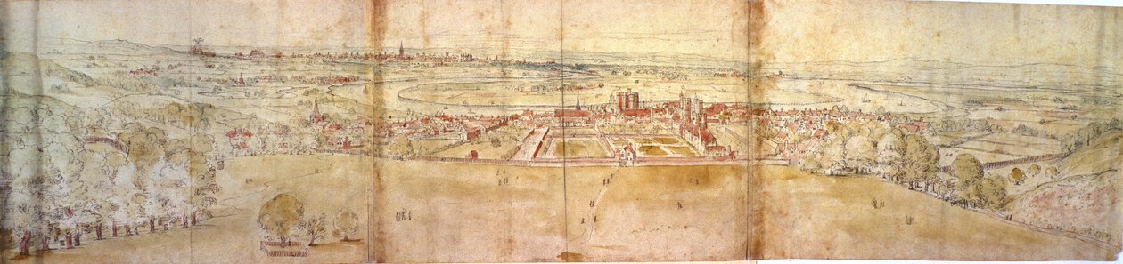 グリニッジヒルのグリニッジ宮殿とロンドン、1544年頃（紙、ペン、インク、チョーク、トイレ） 作： アントニス・ファン・デン・ウィンガーデ