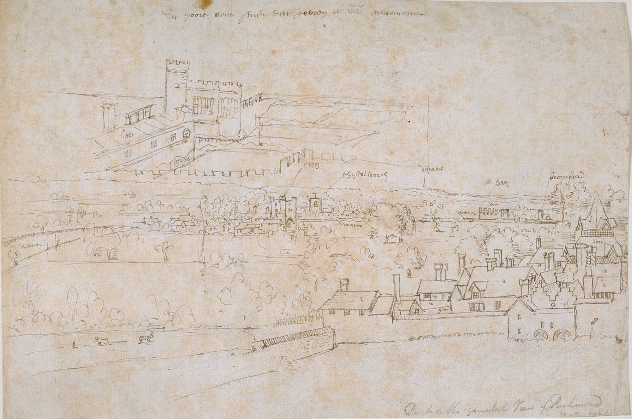 リッチモンドのハンプトン コート宮殿とその周辺の田園地帯の研究シート、1560 年代。 作： アントニス・ファン・デン・ウィンガーデ