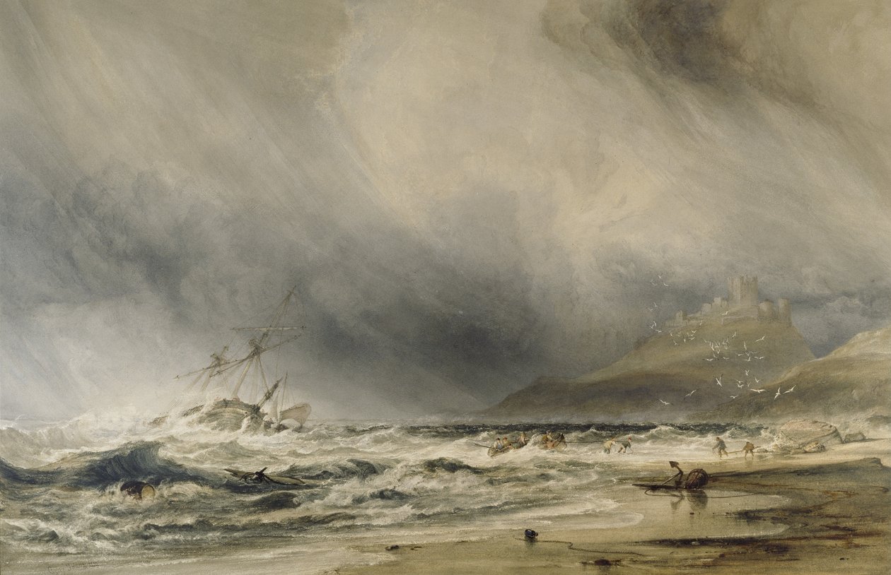 バンバラ城、1852年（白いボディカラーの水彩画） 作： アンソニーヴァンダイクコプリーフィールディング