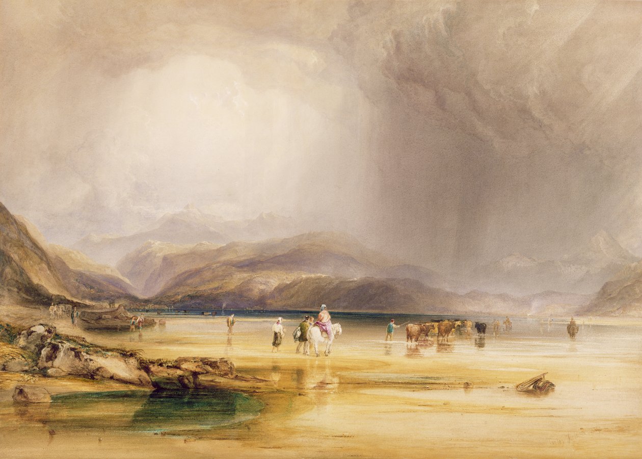 1834年、ポンアバーグラスリンとトレマドックの間のフォードで撮影されたSandes of Traeth Maweのスノードンからの眺め（紙上のグラファイト上のトイレとガッシュ） 作： アンソニーヴァンダイクコプリーフィールディング