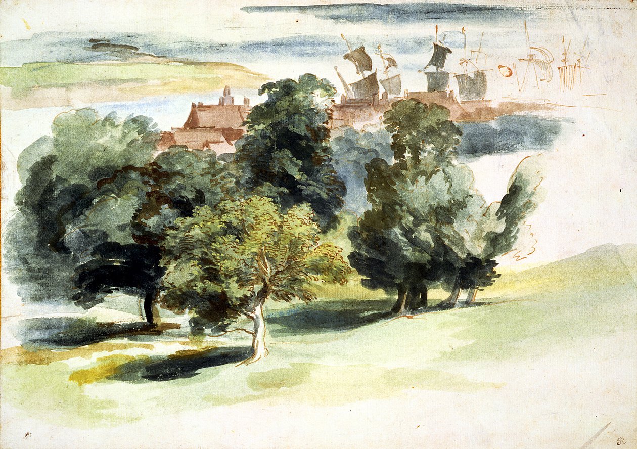 イギリスの風景、1635-41年頃（WC、ガッシュ、ペン、紙にインク） 作： アンソニー・ヴァン・ダイク