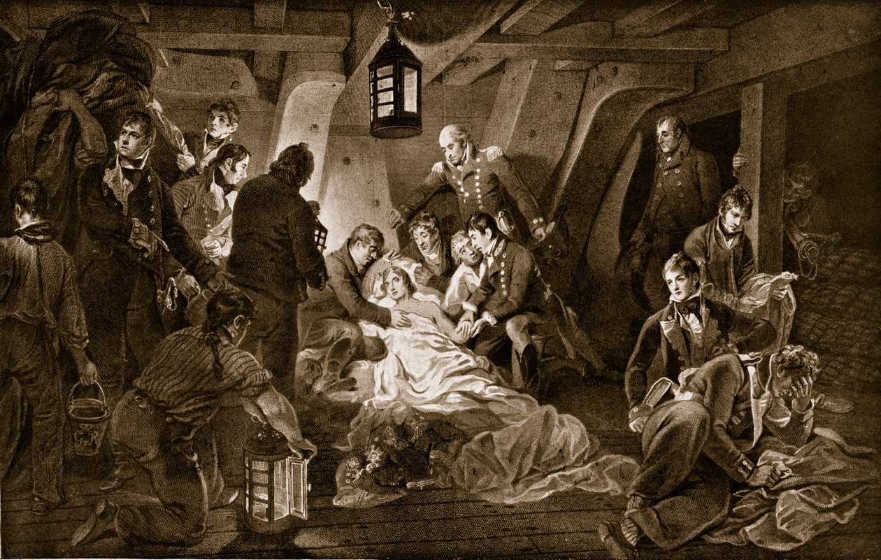 ネルソンの死、1805年、「ハッチンソンのイギリス国民の物語」、1923年頃のイラスト 作： アンソニーデビス
