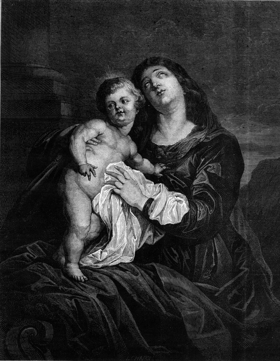 聖母と幼いイエス。アントン・ヴァン・ダイク(1599-1641)の絵画に基づくエングレーヴィング。1880年12月25日付「Le Monde Illustré」1239号に掲載されたエングレーヴィング。 作： アンソニー・ヴァン（後）・ディック