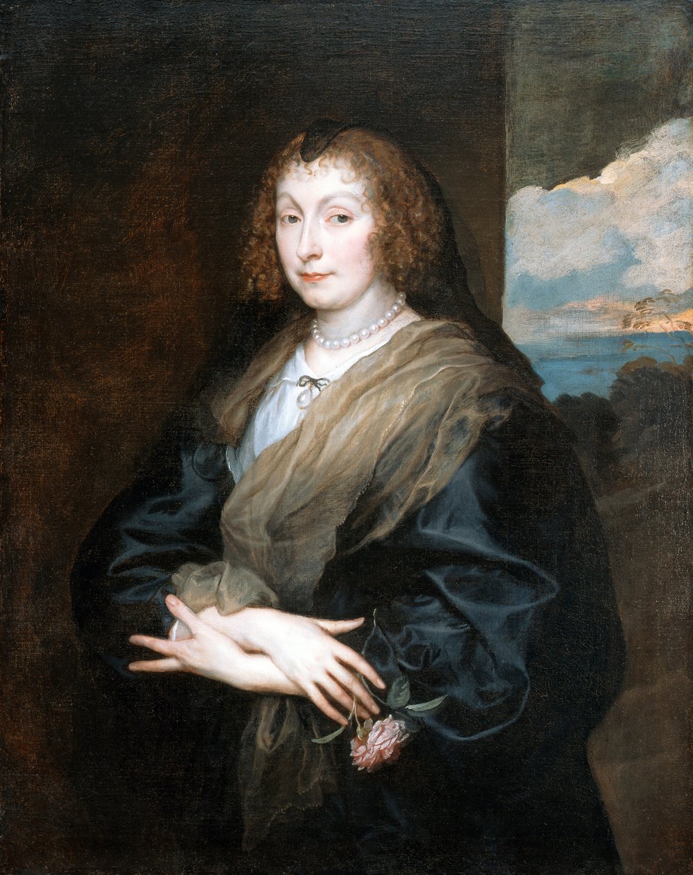 1635年から1639年の間の薔薇を持つ女性の肖像 作： アンソニー・ヴァン・ダイク
