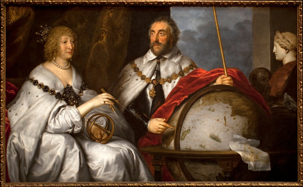 Thomas Howard Graf Arundel (1586-1646) und seine Frau Alathea Talbot (1586-1654) oder das Porträt von Madagaskar). Ein Mann entwirft die Insel Madagaskar auf einem Globus. von Anthony van Dyck