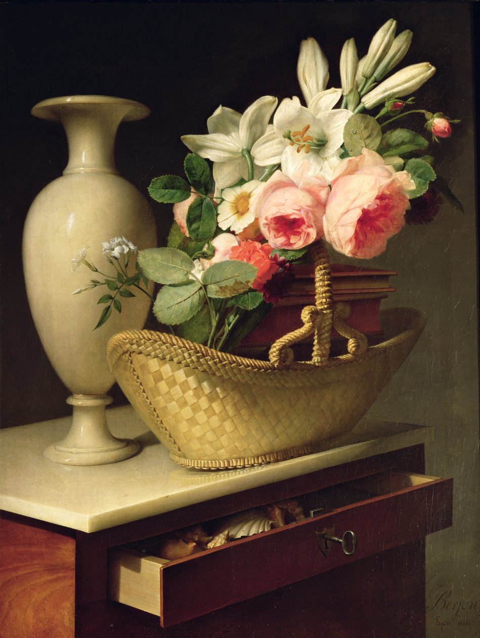 1814年のバスケットにユリとバラの花束 作： アントワーヌ・ベルジョン