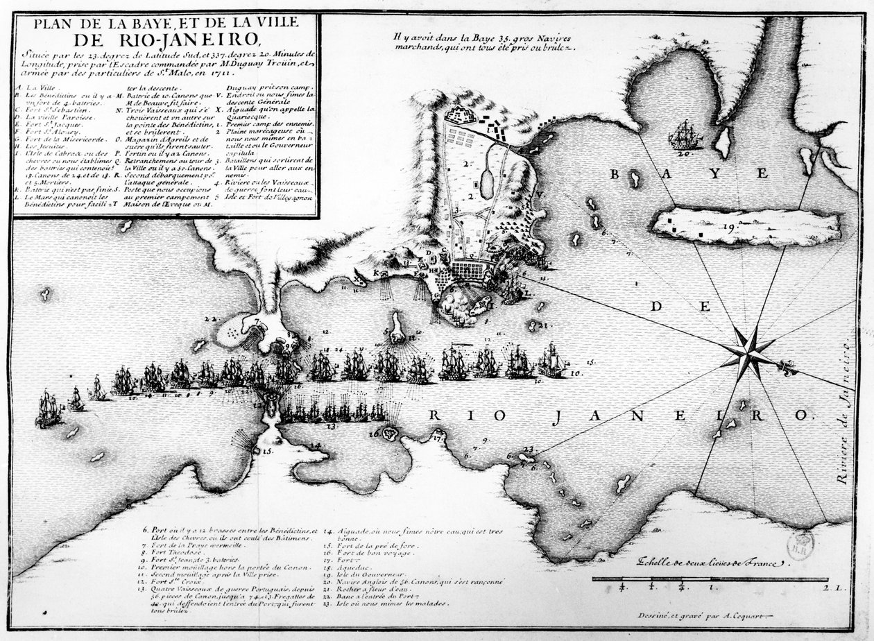1711年、デュグアイトルアンによるフランス軍の攻撃時の1730年頃のリオデジャネイロ湾と都市の計画、およびフランスとポルトガルの海軍の配置 作： アントワーヌ・ココート