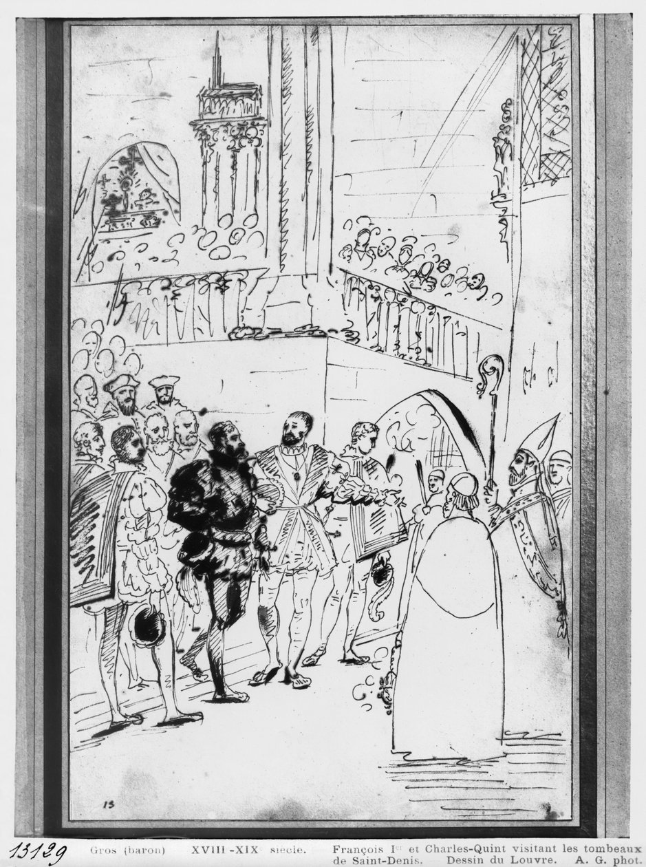 フランシスコ1世とチャールズ5世、サンドニ修道院教会、1811年頃（紙にペンと茶色のインクとグラファイト） 作： アントワーヌ・ジャン・グロ