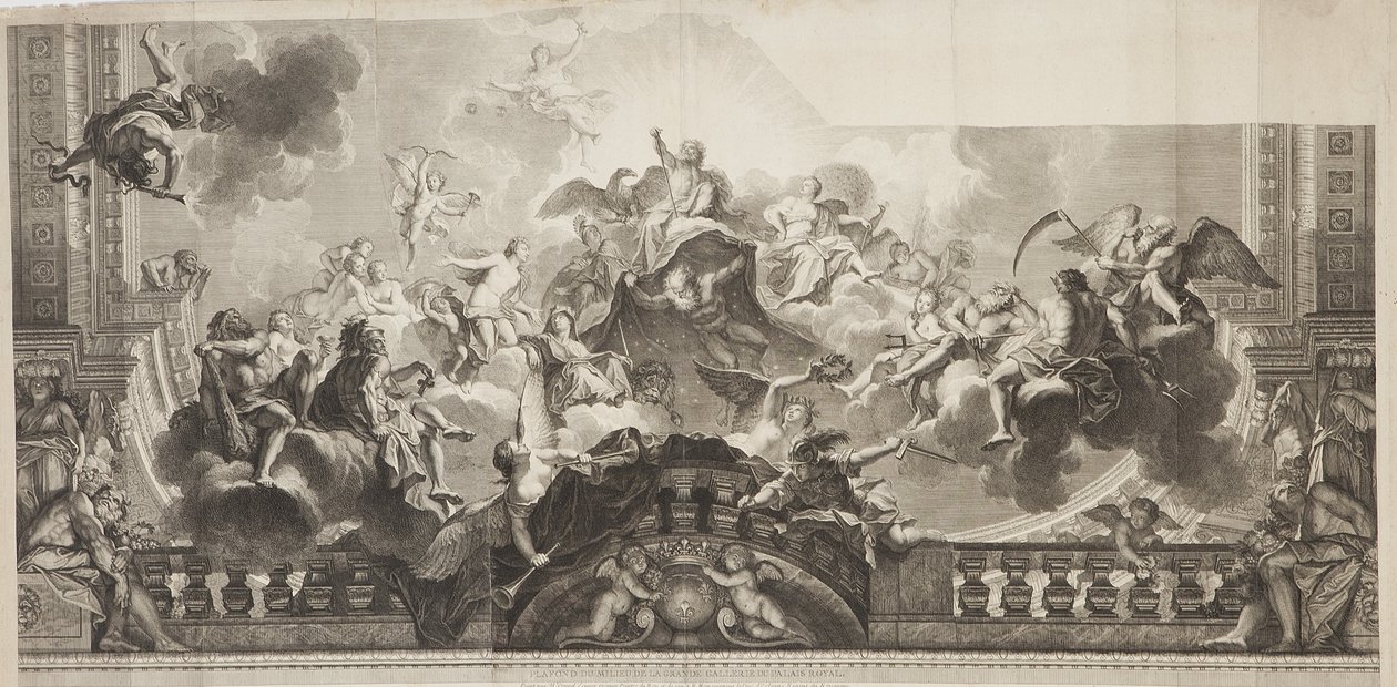 パレ・ロワイヤルの大回廊天井のセンターパネルのデザイン、ニコラ・アンリ・タルデュー（1674-1749）による彫刻 作： アントワーヌ（後）コイペル