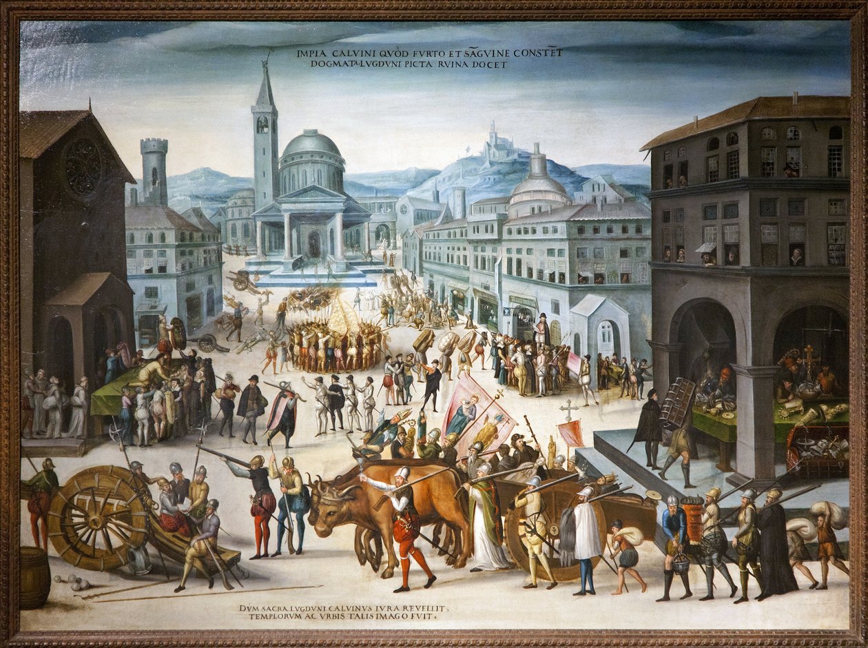 Plünderung von Lyon durch die Calvinisten im Jahr 1562. Protestantische ikonoklastische Handlungen gegen den Kult religiöser Bilder der katholischen Kirche. Während des ersten Religionskrieges nahmen Reformen unter der Führung von Baron des Adrets das Rath von Antoine (school of) Caron